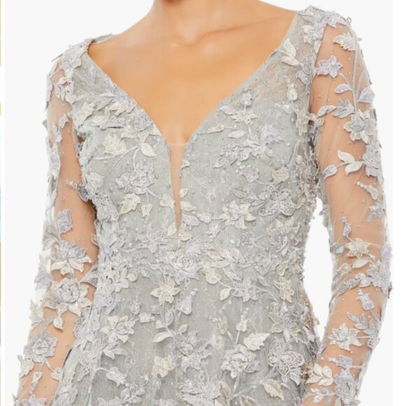 MAC DUGGAL 70224 FLORAL APPLIQUE LONG LSEEVE ILLUSIONS PLATINUM GOWN sz 12 - Picture 2 of 4